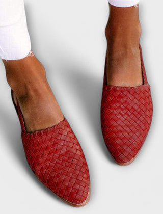 Aurora woven slingback loafers in red, braided texture, pointed toe, low sole