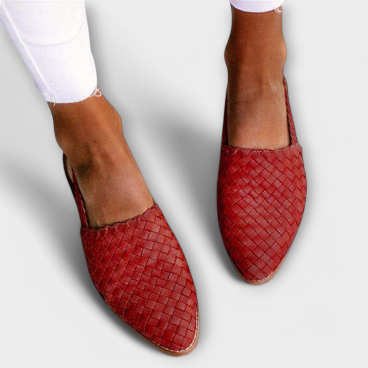 Aurora woven slingback loafers in red, braided texture, pointed toe, low sole