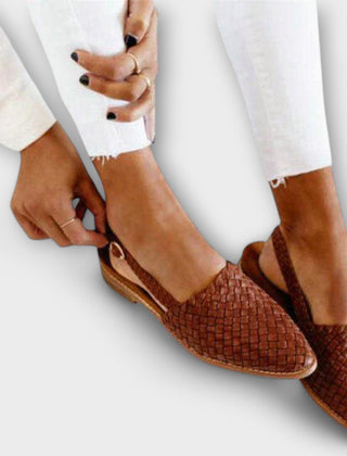 Aurora woven slingback loafers in brown, braided texture, pointed toe and low sole
