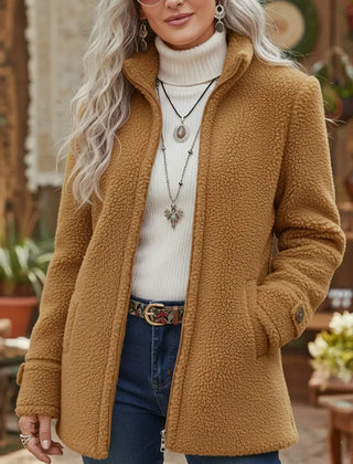 Camel full-zip stand-collar lambswool-feel jacket with zip-front and side pockets