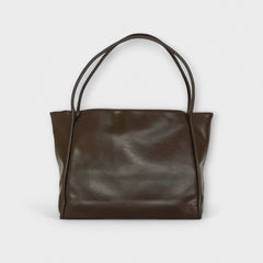 Dark brown leather-look tote bag with wide top handles and smooth front panel