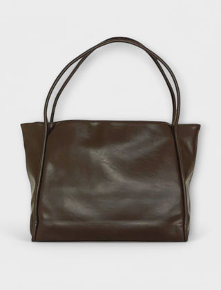 Dark brown leather-look tote bag with wide top handles and smooth front panel