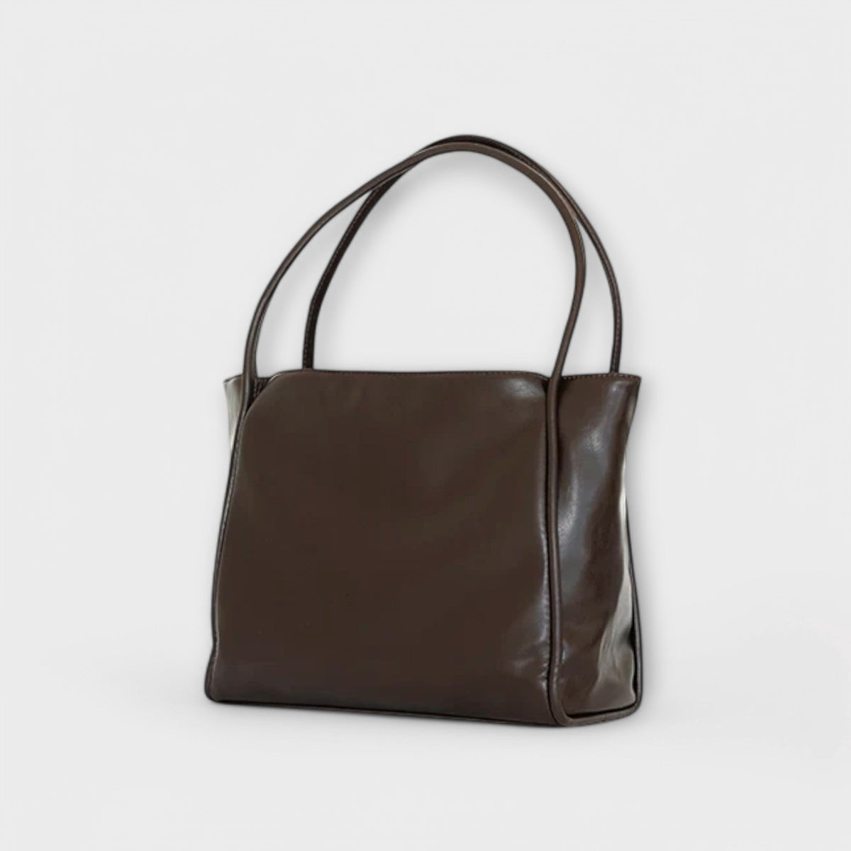 Dark brown leather-look tote bag with twin handles and compact rectangular shape