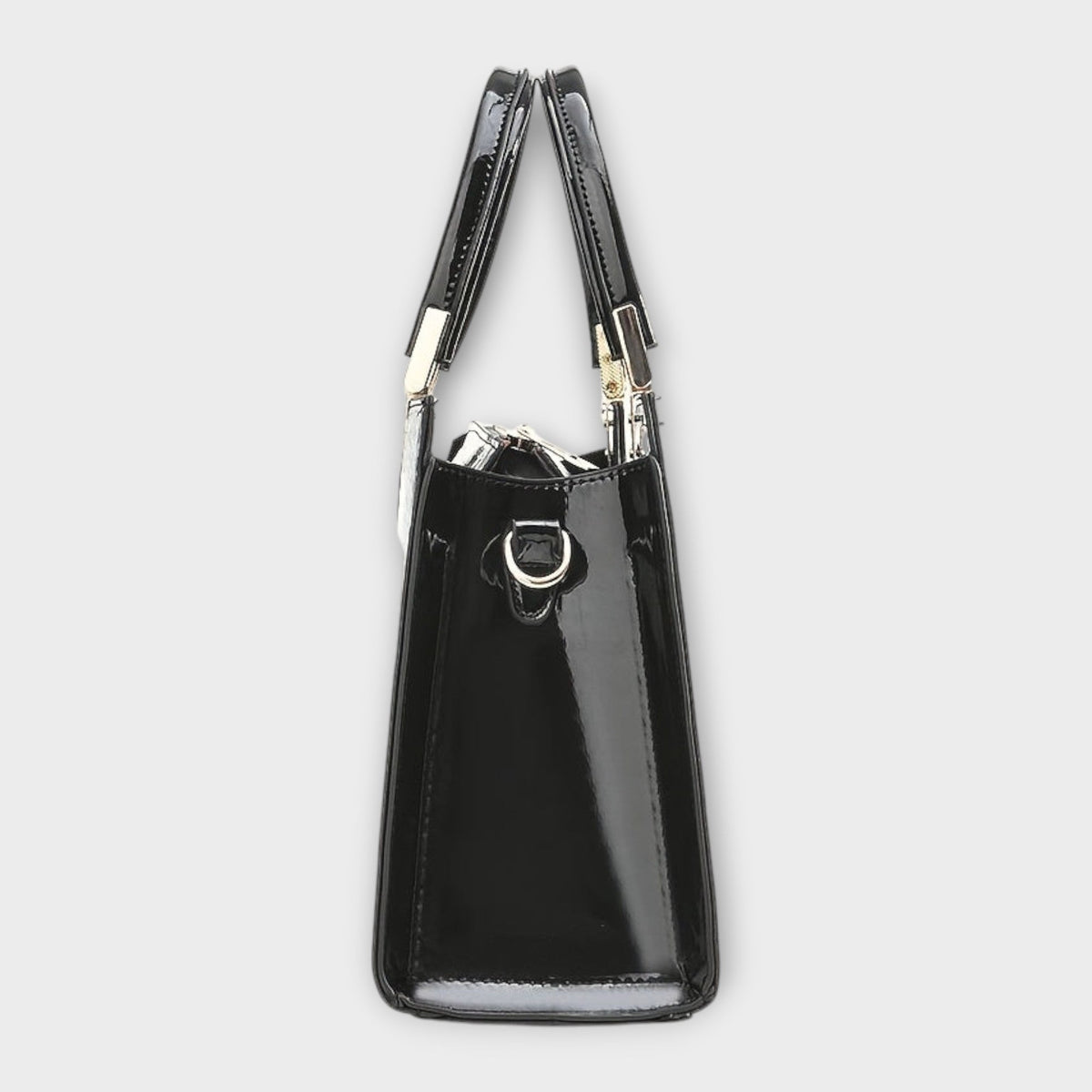 Shiny crocodile-pattern handbag in black with top handles and side strap hardware
