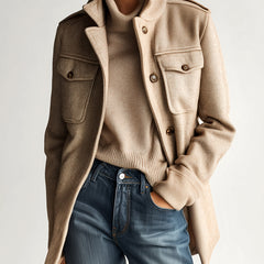 Khaki short wool-blend coat with stand collar, epaulets, and flap chest pockets