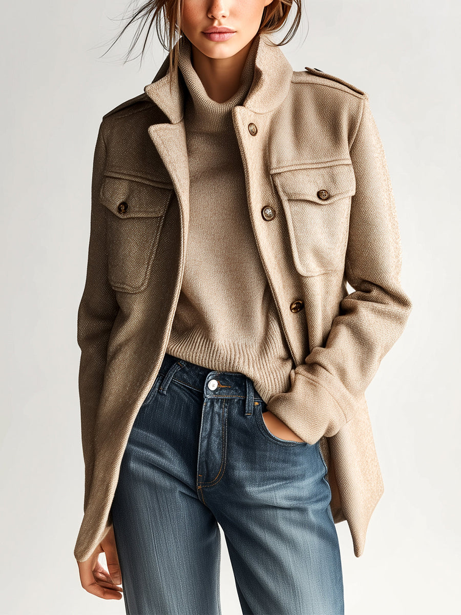 Khaki short wool-blend coat with stand collar, epaulets, and flap chest pockets