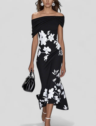 Black off-shoulder midi dress with draped neckline and white floral print