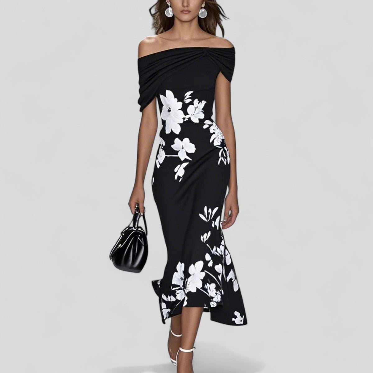 Black off-shoulder midi dress with draped neckline and white floral print