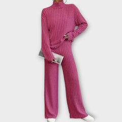 Fuchsia ribbed knit two-piece set with turtleneck top and wide-leg pants