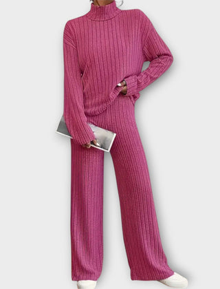 Fuchsia ribbed knit two-piece set with turtleneck top and wide-leg pants