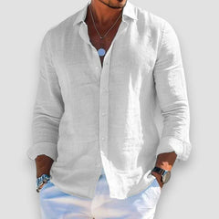 Light grey linen button-up shirt with long sleeves and classic collar
