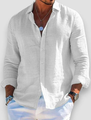 Light grey linen button-up shirt with long sleeves and classic collar