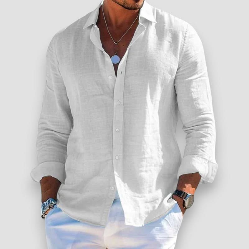 Light grey linen button-up shirt with long sleeves and classic collar