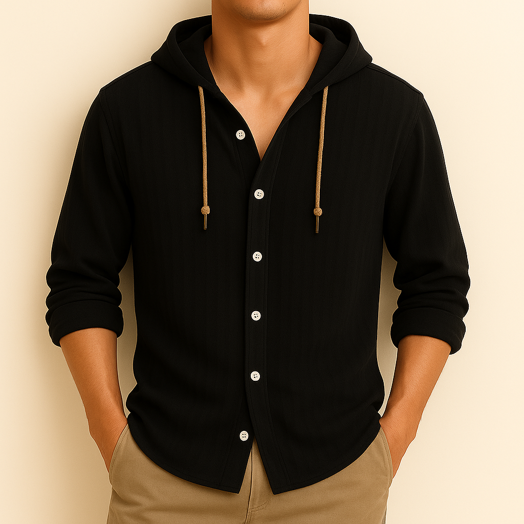 Black hooded shirt jacket worn, button front and drawstring hood ties