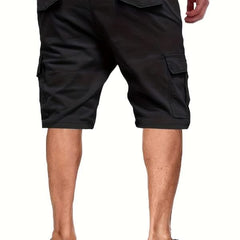 Black cargo utility shorts with drawstring waist and side flap pockets