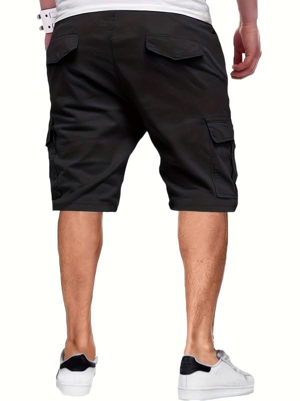 Black cargo utility shorts with drawstring waist and side flap pockets