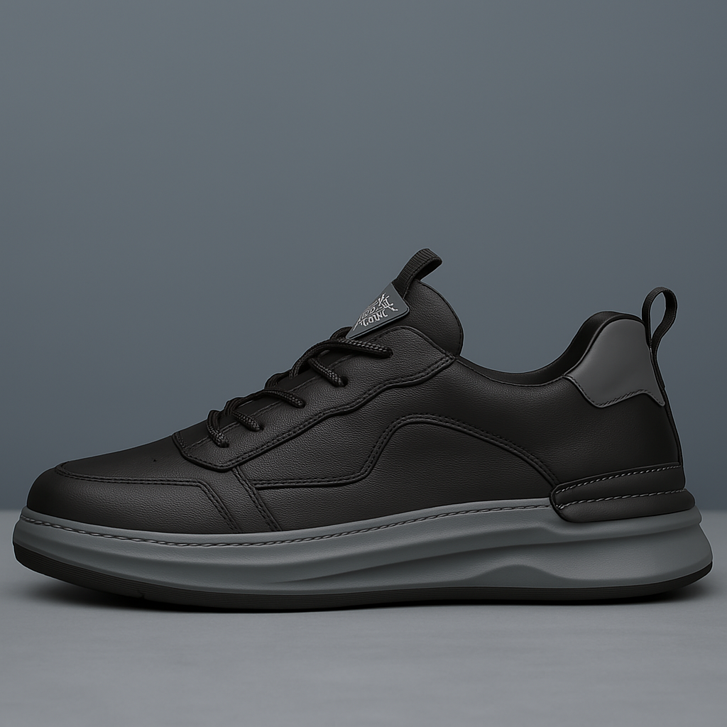 Black leather low-top sneaker with lace-up front and textured side panels