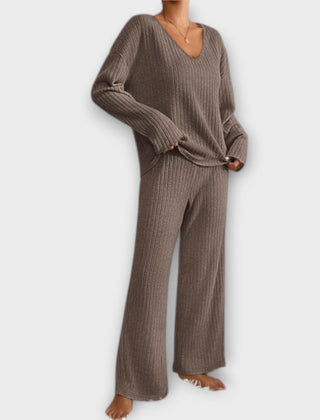 Brown ribbed knit two-piece set, V-neck long-sleeve top and wide-leg pants