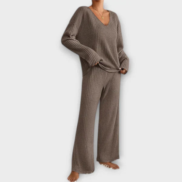 Brown ribbed knit loungewear set with V-neck long sleeves and flared wide-leg pants