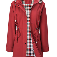 Women’s 3-in-1 jacket in deep red, hooded outer layer with plaid inner lining, pockets.