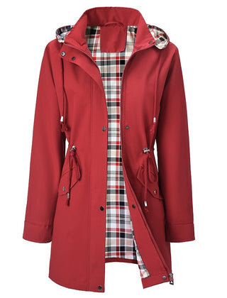 Women’s 3-in-1 jacket in deep red, hooded outer layer with plaid inner lining, pockets.