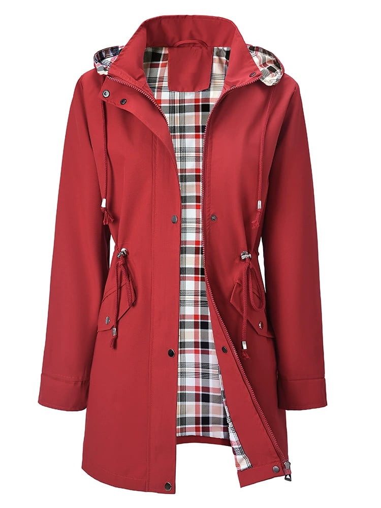 Women’s 3-in-1 jacket in deep red, hooded outer layer with plaid inner lining, pockets.