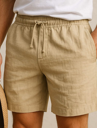 Beige summer shorts with elastic drawstring waist and side pockets