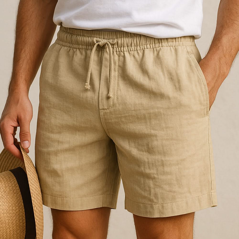 Beige summer shorts with elastic drawstring waist and side pockets