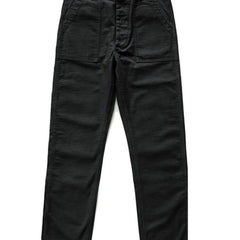 Black straight fatigue pants with button waist and two front patch pockets