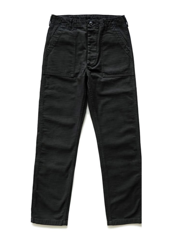 Black straight fatigue pants with button waist and two front patch pockets
