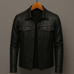 Black leather jacket with snap front, two chest flap pockets, stand collar.
