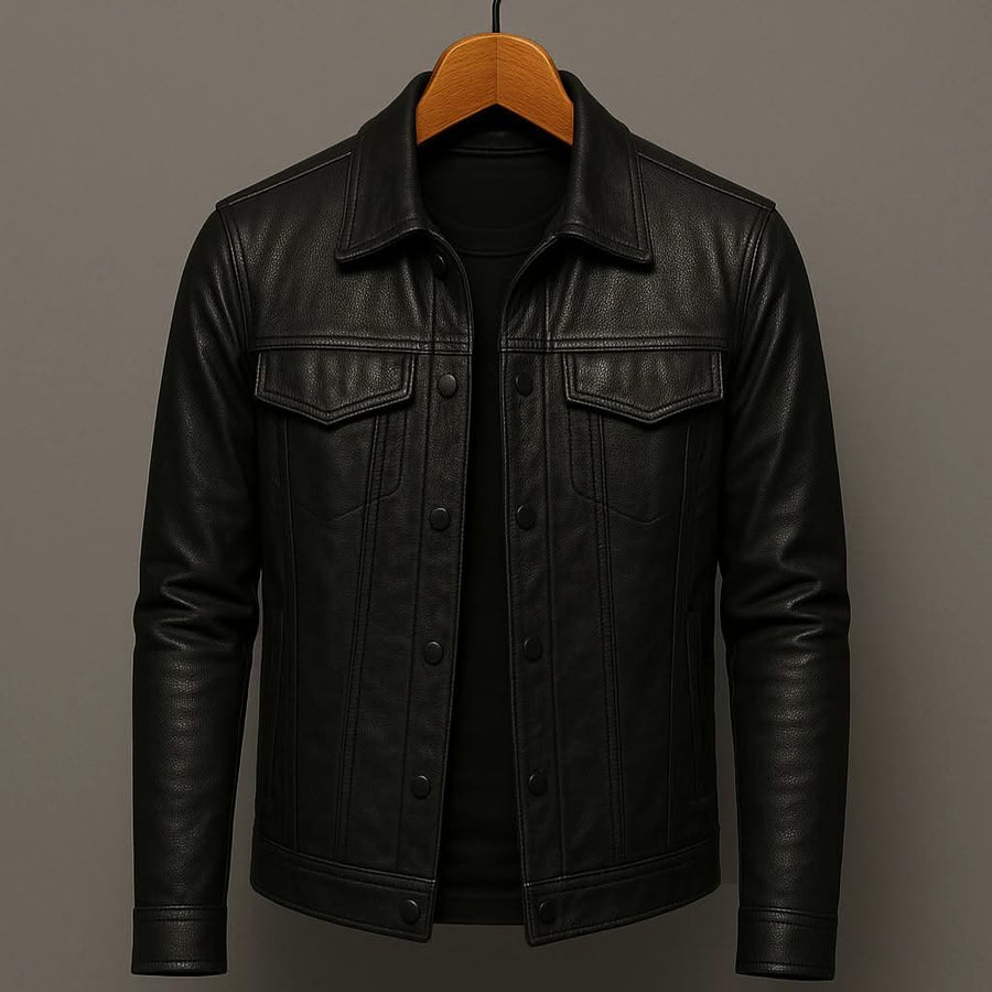 Black leather jacket with snap front, two chest flap pockets, stand collar.