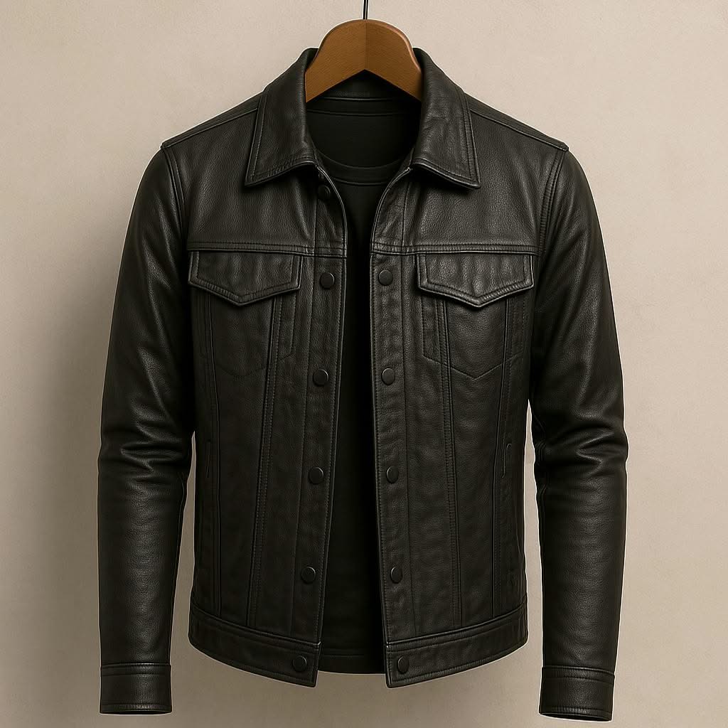 Black leather jacket on hanger with snap front and chest flap pockets.