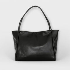 Black leather-look tote bag with wide top handles and structured rectangular body