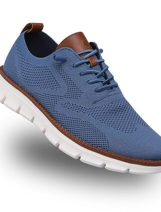 Blue knit lace-up walker shoes with brown collar accents and white tread sole