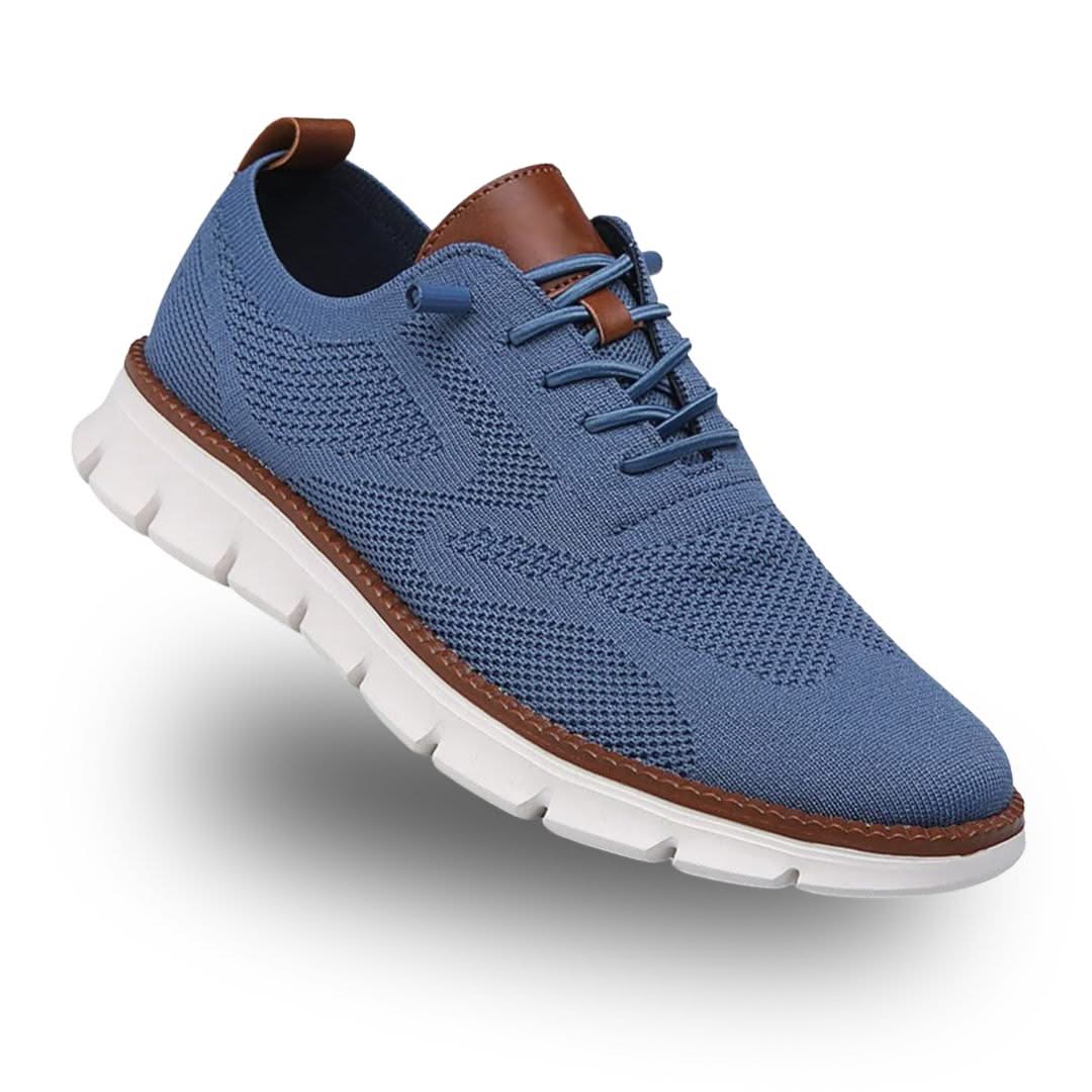 Blue knit lace-up walker shoes with brown collar accents and white tread sole