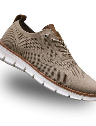 Tan/beige knit lace-up walker shoes with brown collar accents and white tread sole