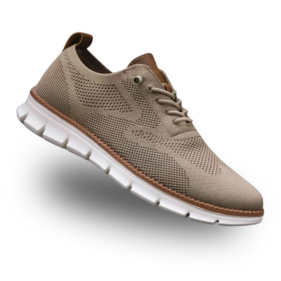 Tan/beige knit lace-up walker shoes with brown collar accents and white tread sole