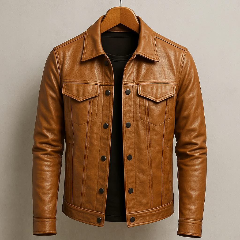 Brown leather jacket with snap front, two chest flap pockets, stand collar.