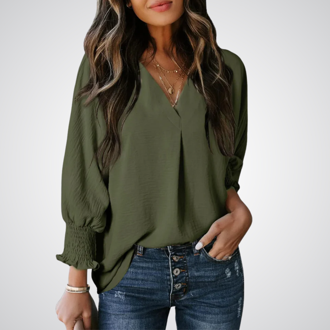 Olive green V-neck tunic blouse with button front and smocked long balloon sleeves
