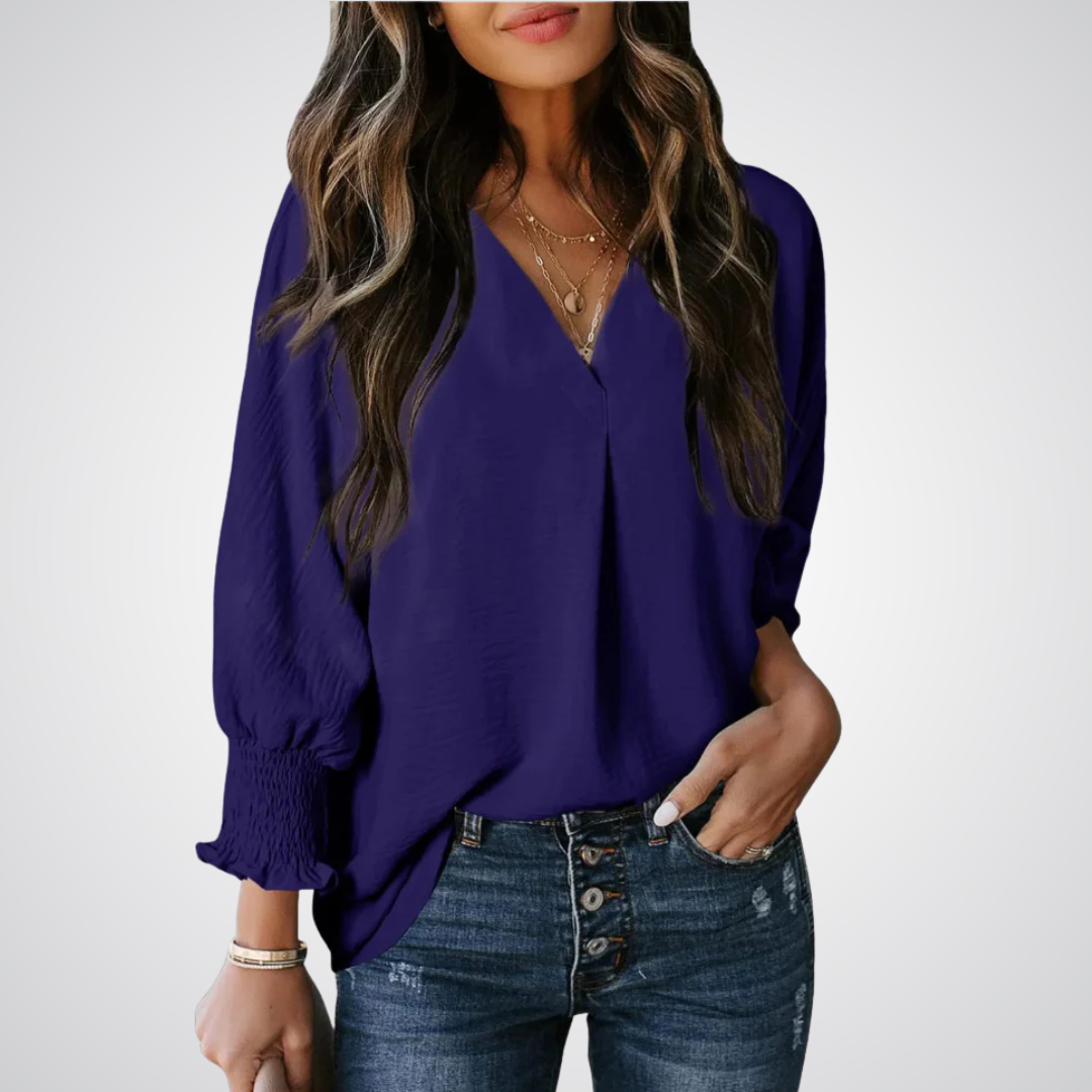 Deep purple V-neck tunic blouse with button front and smocked long balloon sleeves