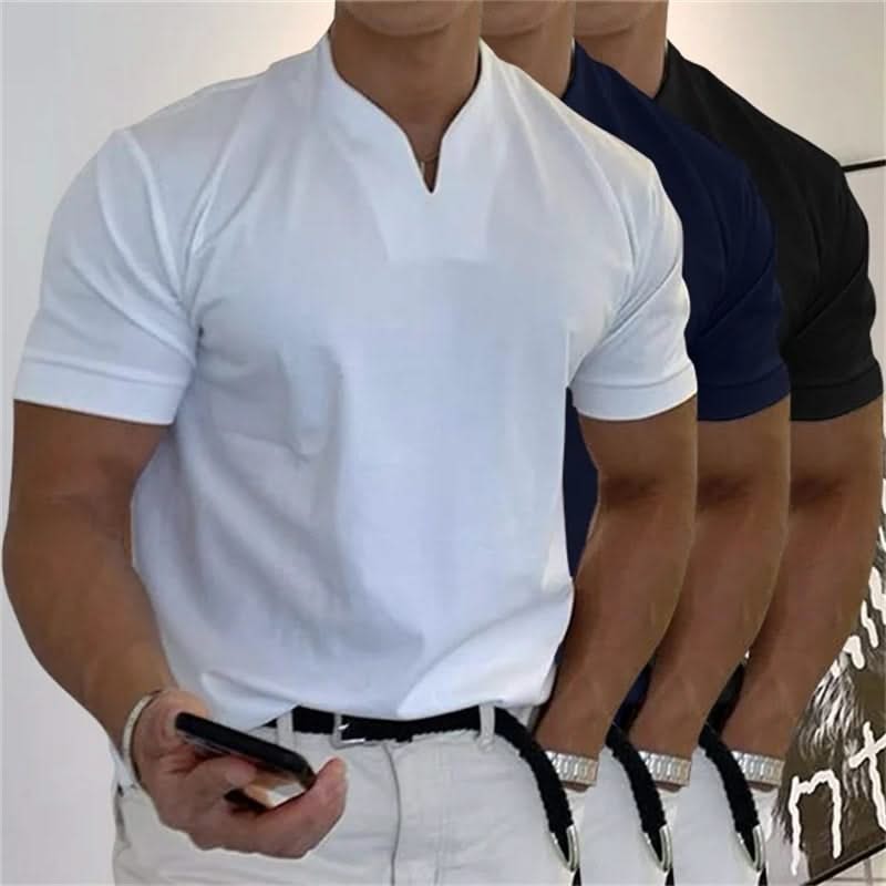 White short-sleeve V-neck tee, close-up showing front placket and neckline