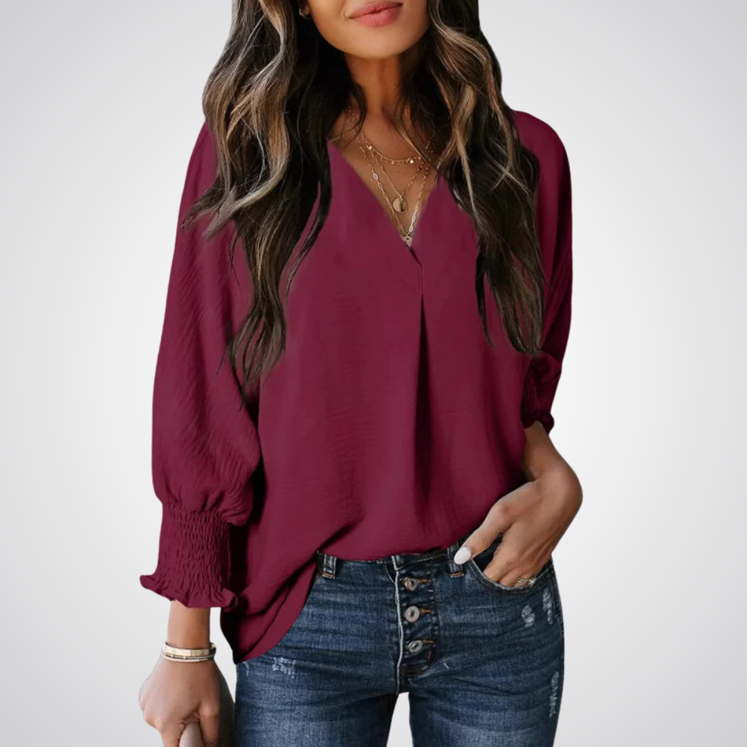 Burgundy V-neck tunic blouse with button front and smocked long balloon sleeves