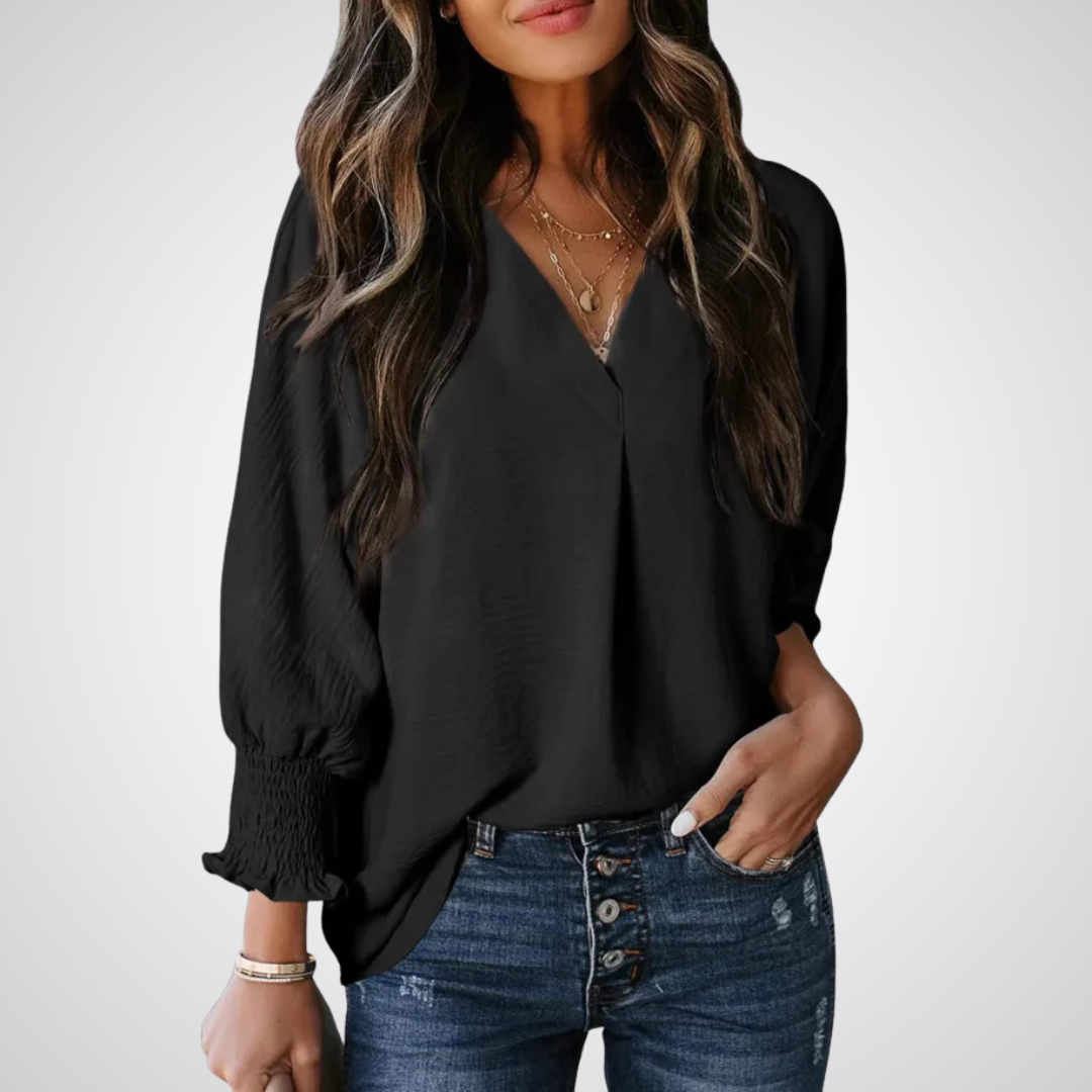 Black V-neck tunic blouse with button front and smocked long balloon sleeves