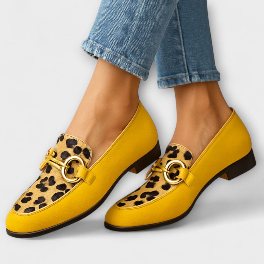 Yellow slip-on slippers with leopard-print detail and gold buckle strap