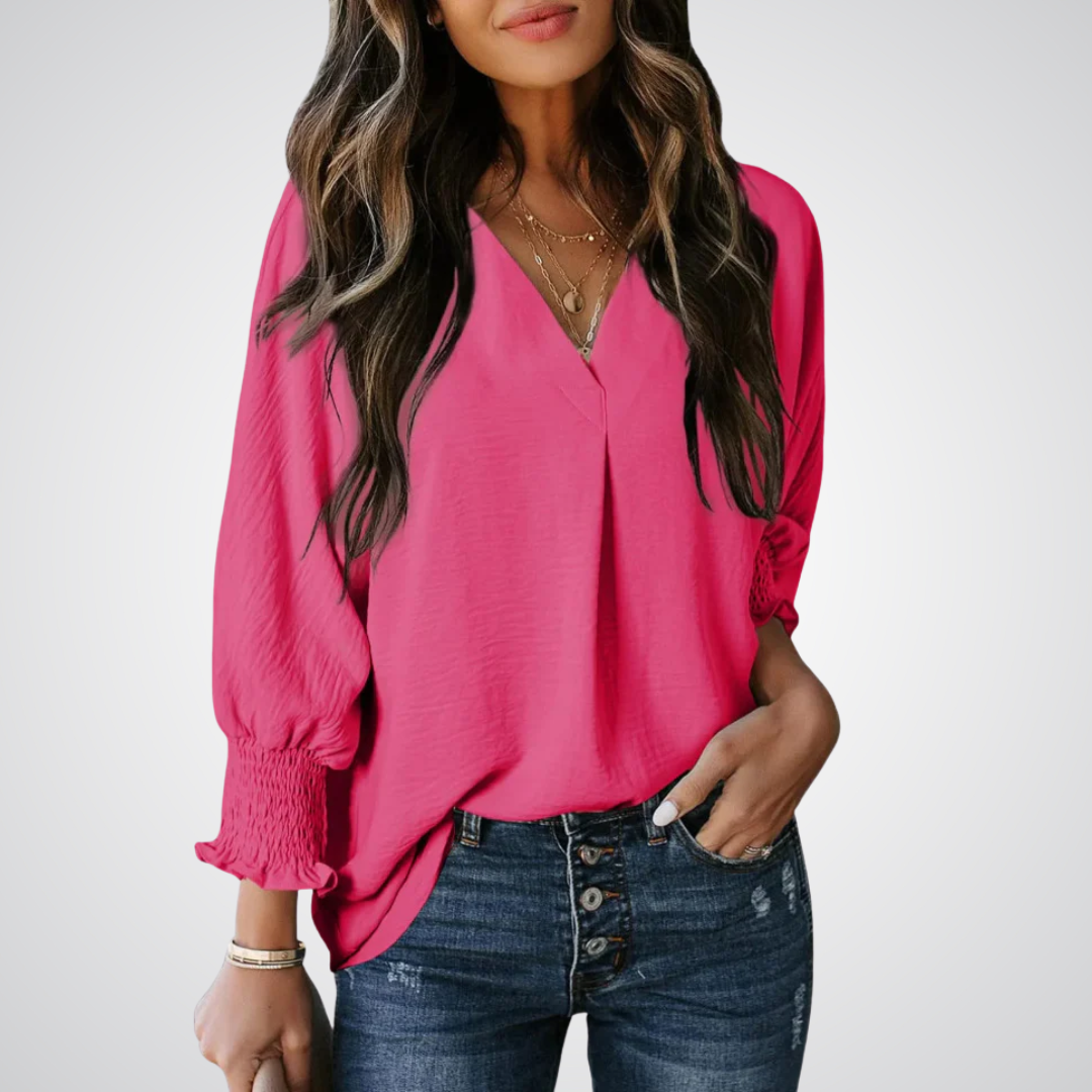 Fuchsia V-neck tunic blouse with button front and smocked long balloon sleeves