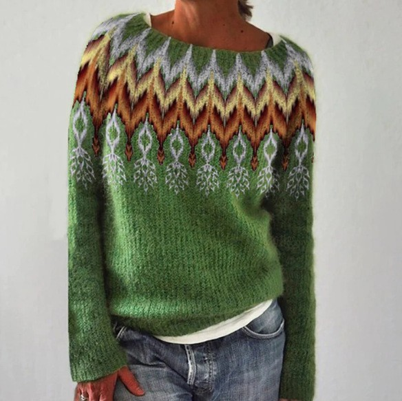 Green retro wool sweater with crew neck, long sleeves, zigzag and fair isle yoke