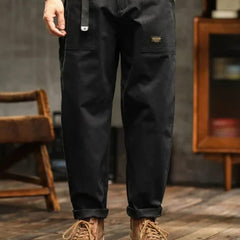 Black cargo pants with side pocket and elastic cuffed ankle hem