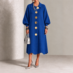 Blue knit button-front midi dress with round neck and puff sleeves, gold buttons