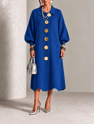 Blue knit button-front midi dress with round neck and puff sleeves, gold buttons